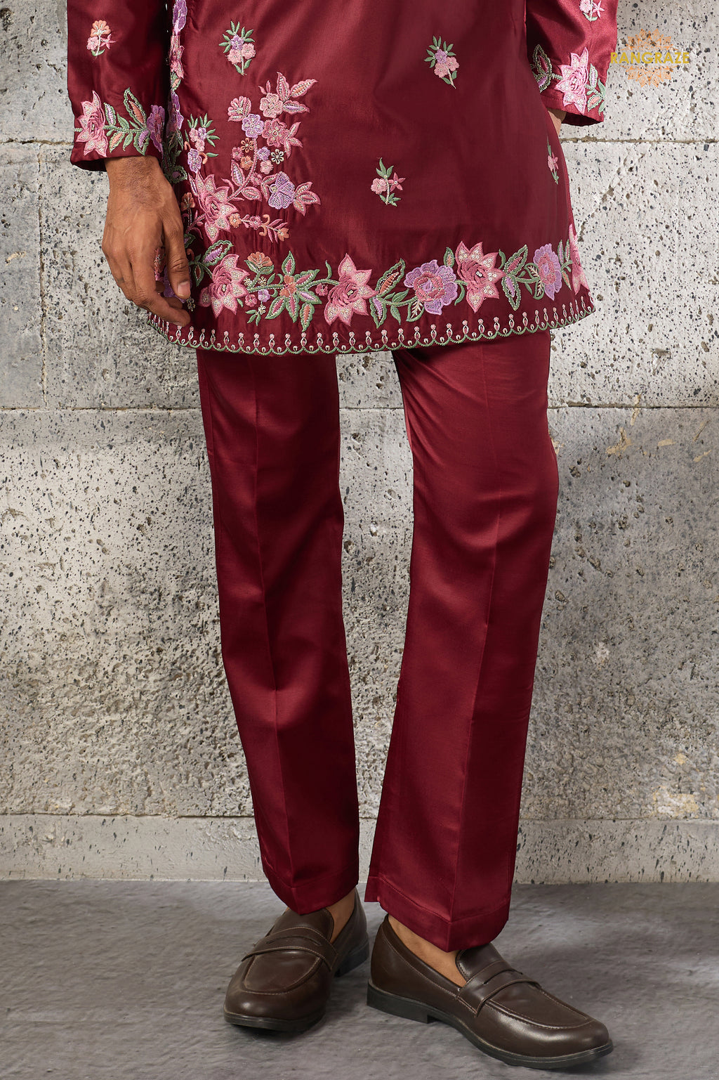 Maroon Embroidered Silk Men Kurta Pajama