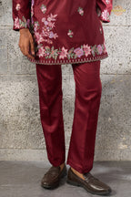 Maroon Embroidered Silk Men Kurta Pajama