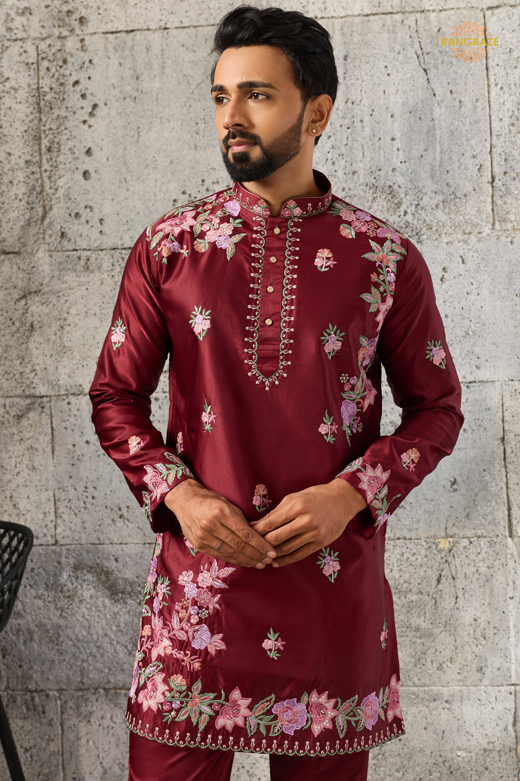 Maroon Embroidered Silk Men Kurta Pajama