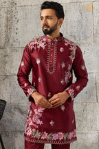 Maroon Embroidered Silk Men Kurta Pajama