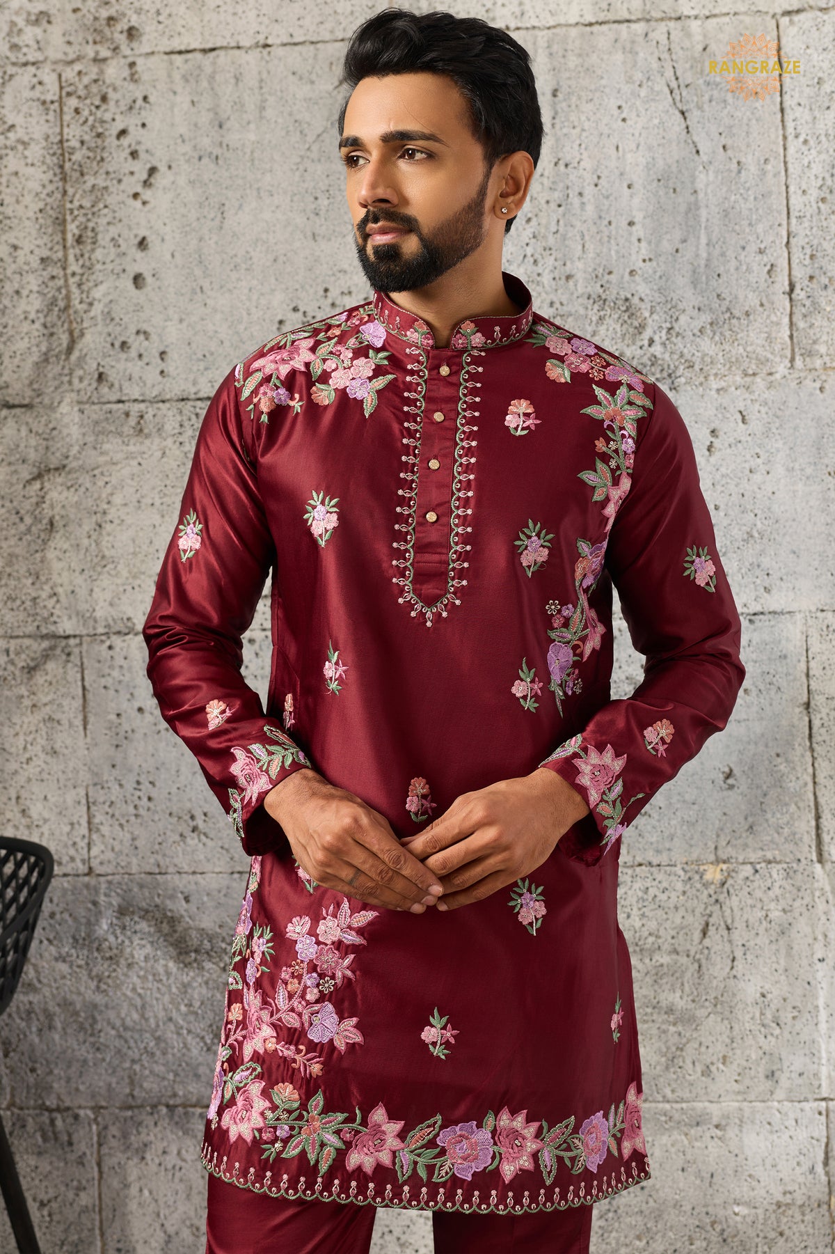 Maroon Embroidered Silk Men Kurta Pajama