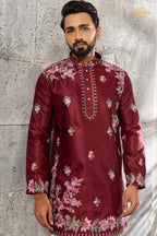 Maroon Embroidered Silk Men Kurta Pajama