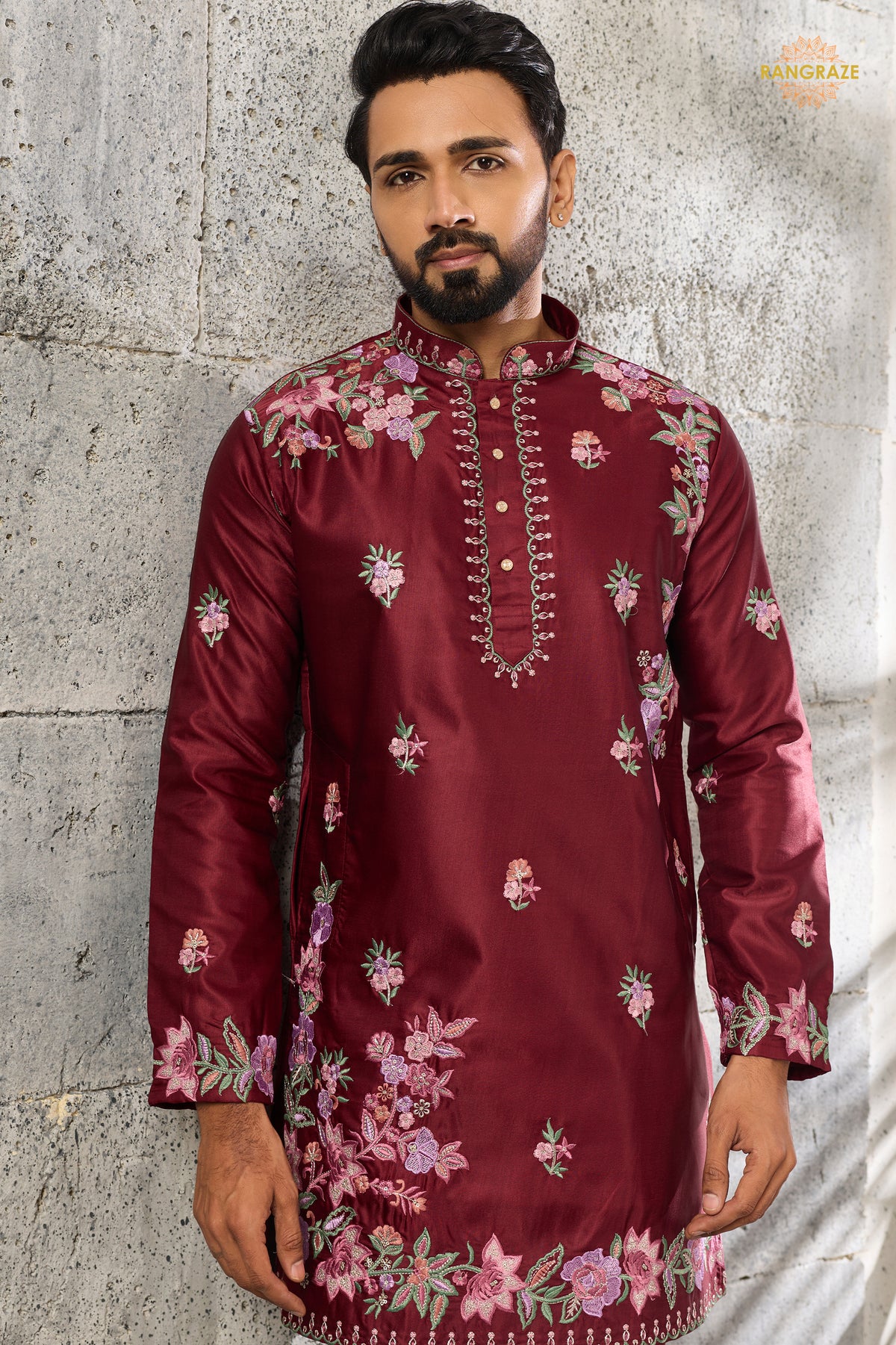 Maroon Embroidered Silk Men Kurta Pajama