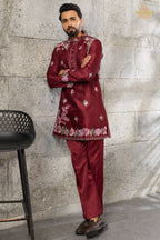 Maroon Embroidered Silk Men Kurta Pajama