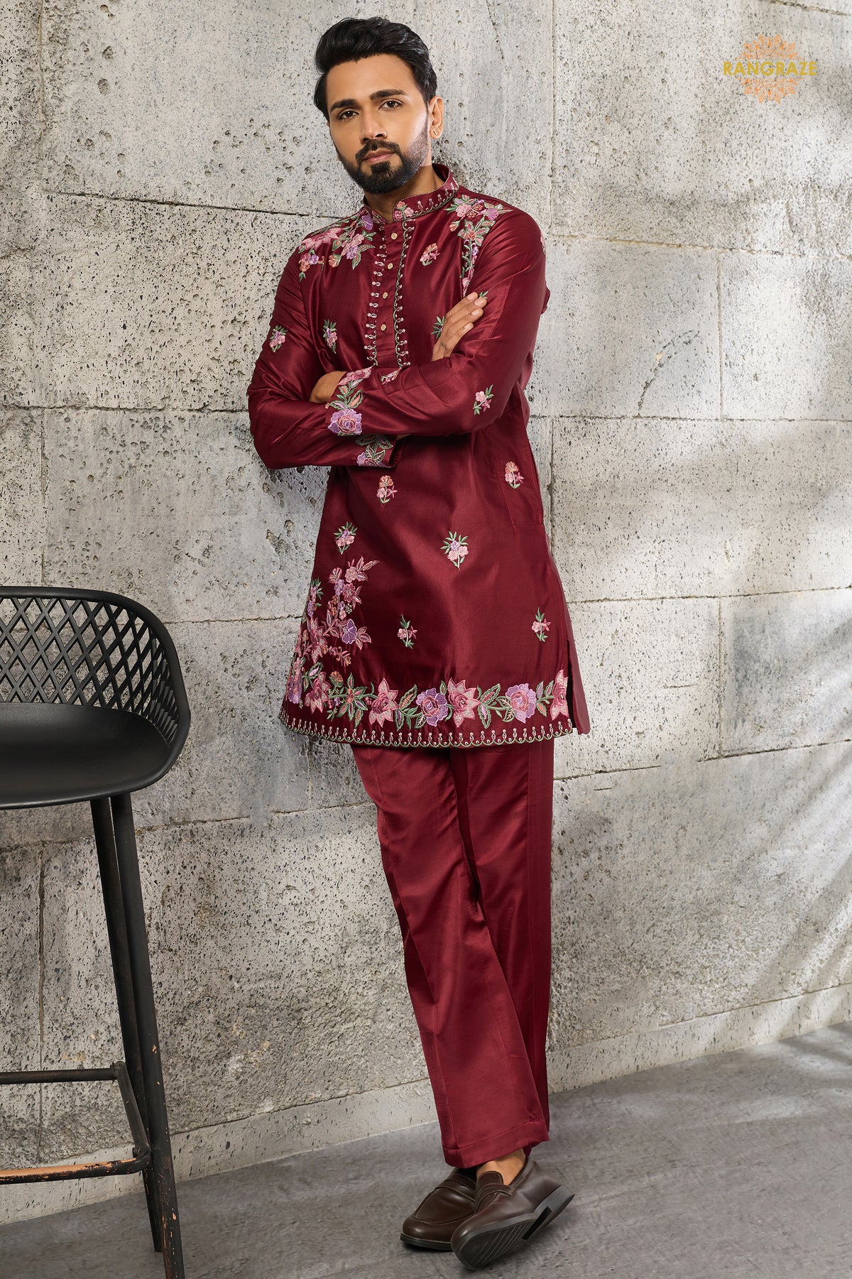 Maroon Embroidered Silk Men Kurta Pajama