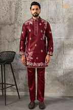Maroon Embroidered Silk Men Kurta Pajama