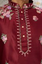 Maroon Embroidered Silk Men Kurta Pajama