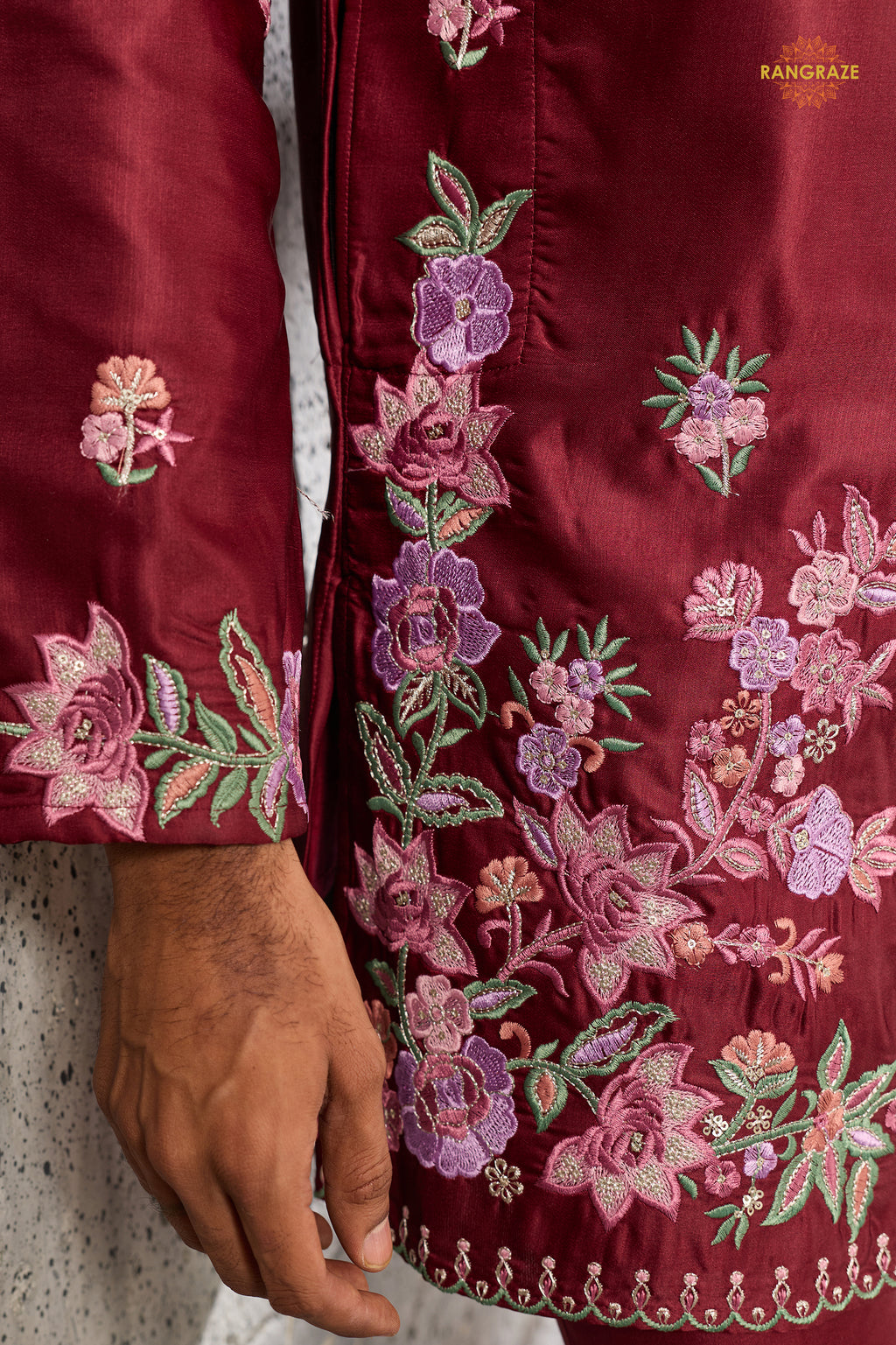Maroon Embroidered Silk Men Kurta Pajama