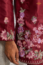 Maroon Embroidered Silk Men Kurta Pajama