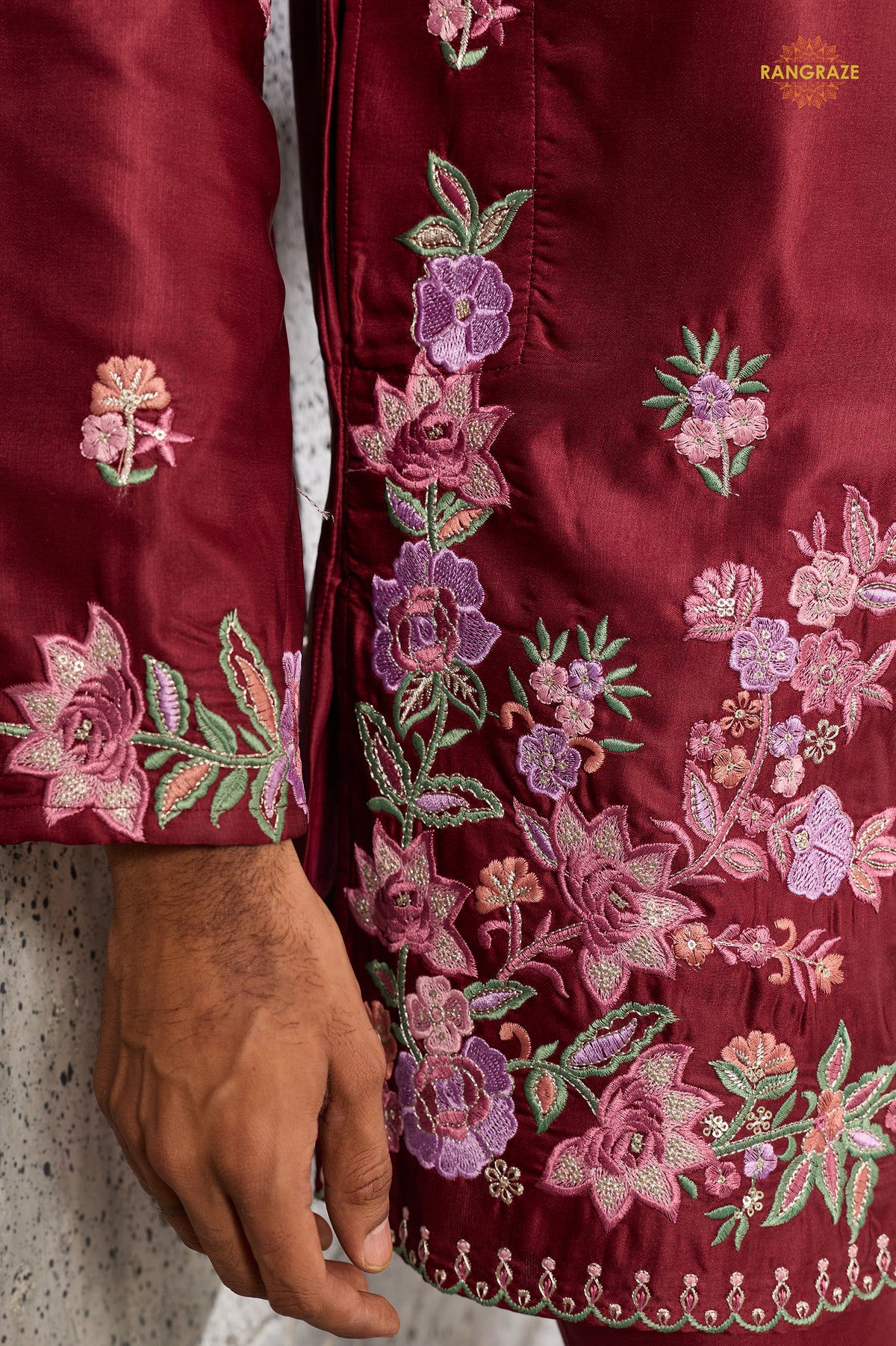 Maroon Embroidered Silk Men Kurta Pajama