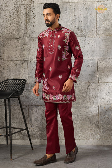 Maroon Embroidered Silk Men Kurta Pajama
