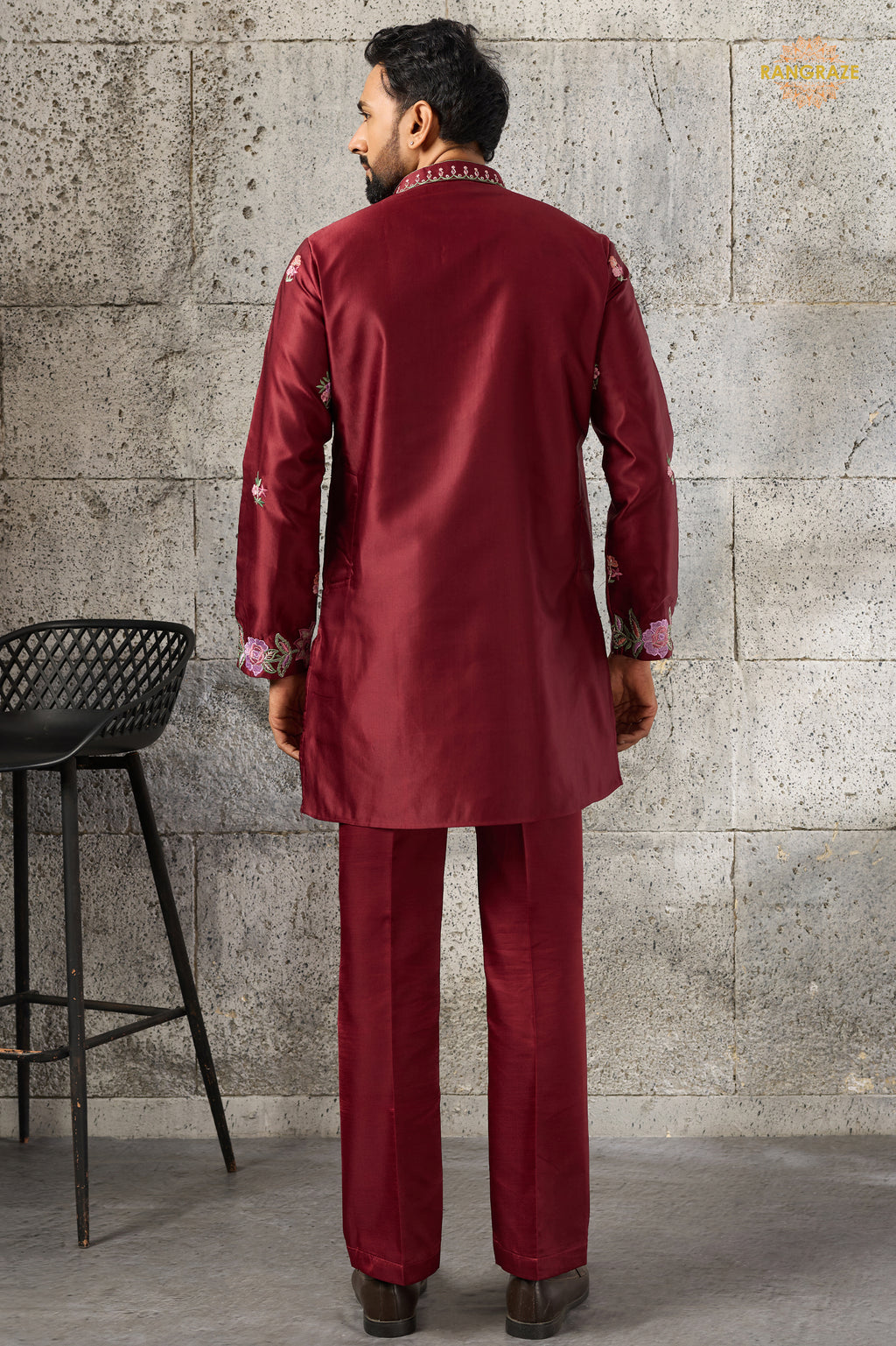 Maroon Embroidered Silk Men Kurta Pajama