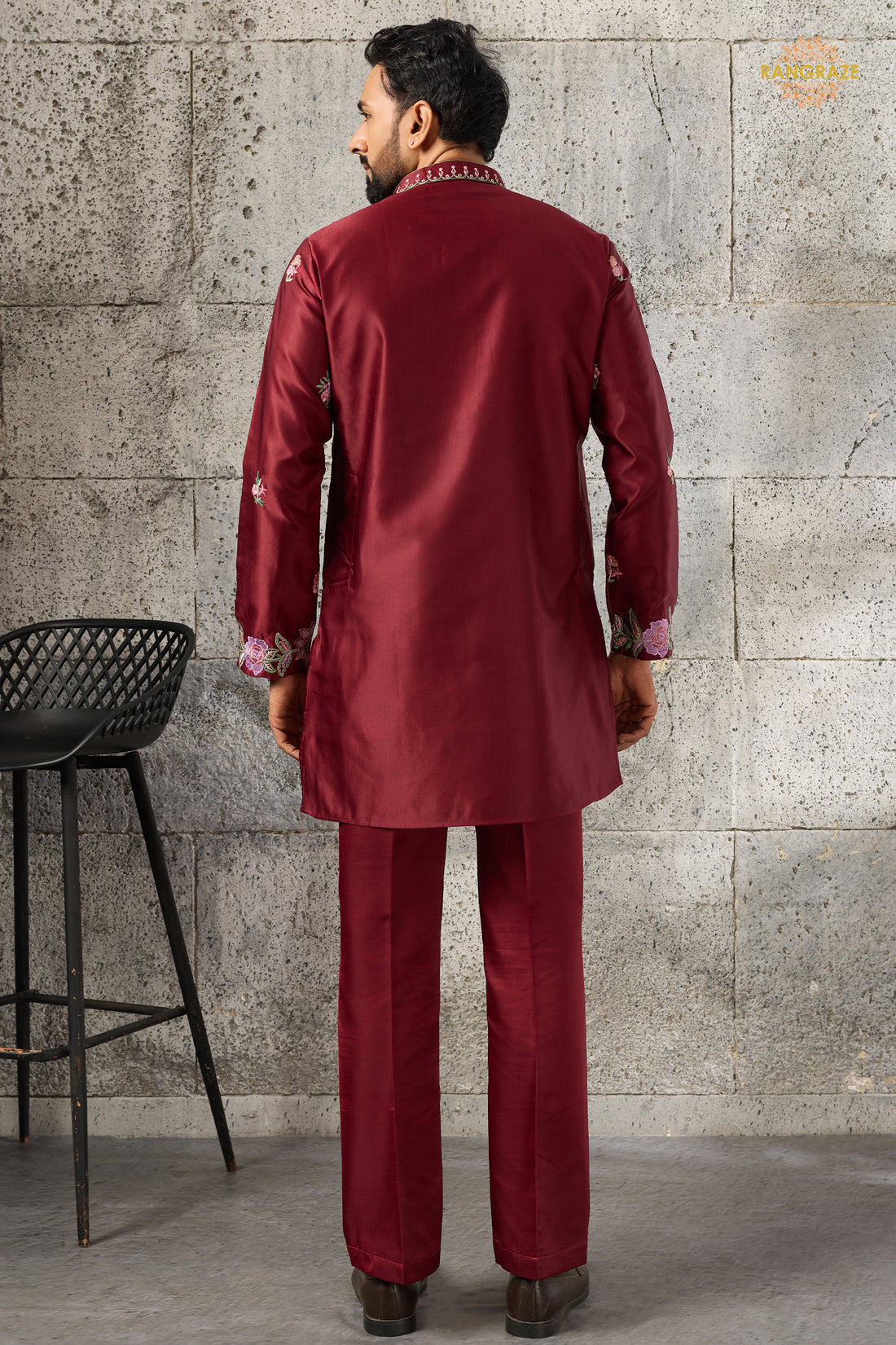 Maroon Embroidered Silk Men Kurta Pajama