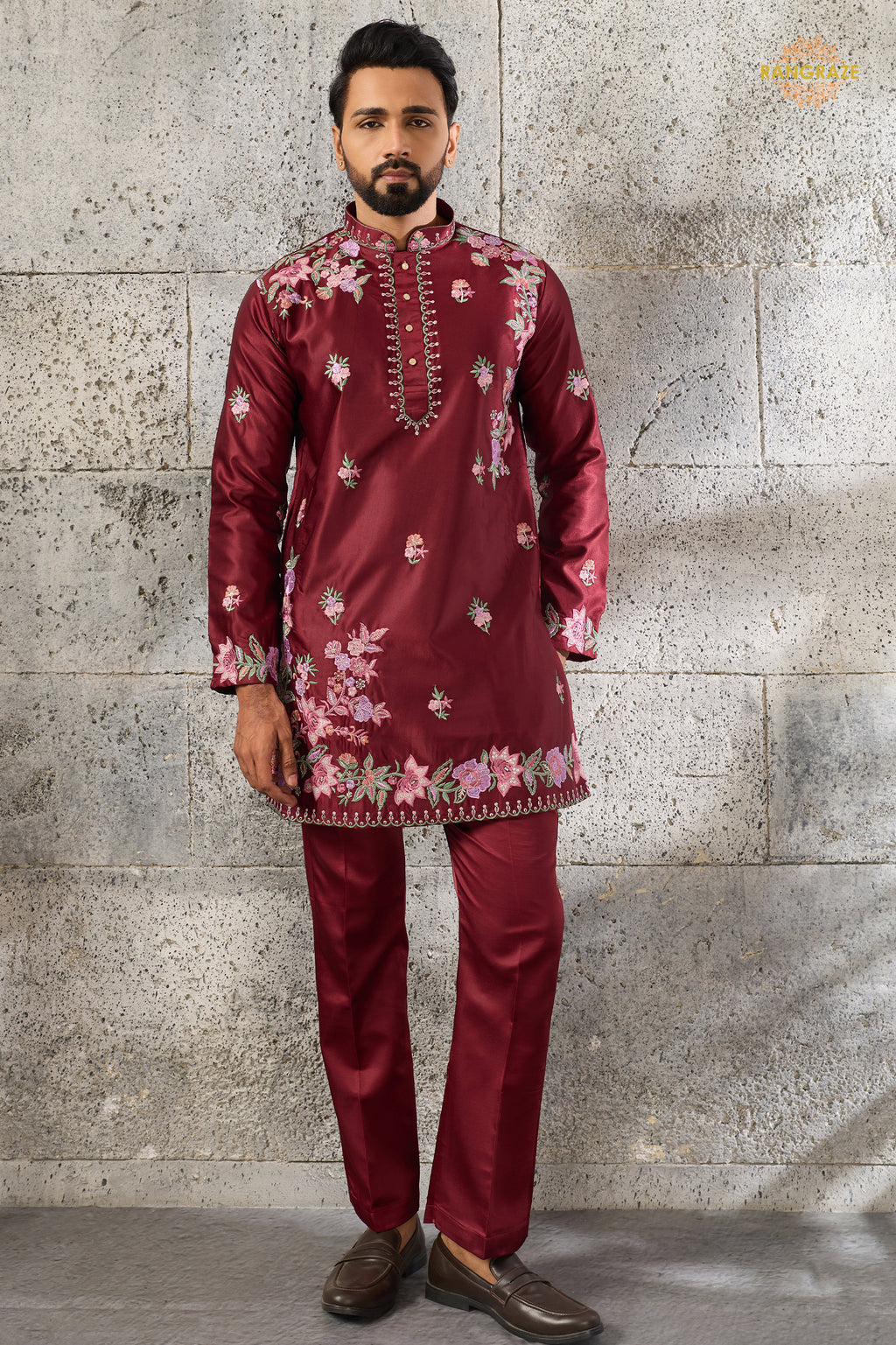 Maroon Embroidered Silk Men Kurta Pajama