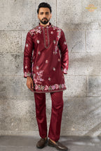 Maroon Embroidered Silk Men Kurta Pajama