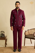 Maroon Embroidered Velvet Men Jacket and Pant Set with Mirror Work