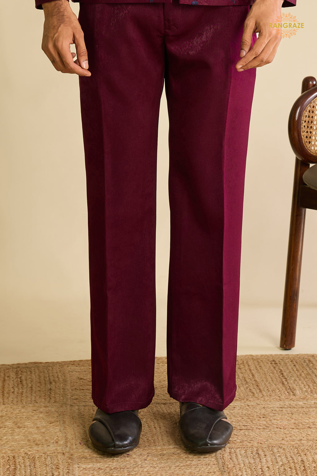 Maroon Embroidered Velvet Men Jacket and Pant Set with Mirror Work