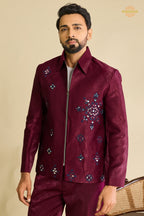 Maroon Embroidered Velvet Men Jacket and Pant Set with Mirror Work