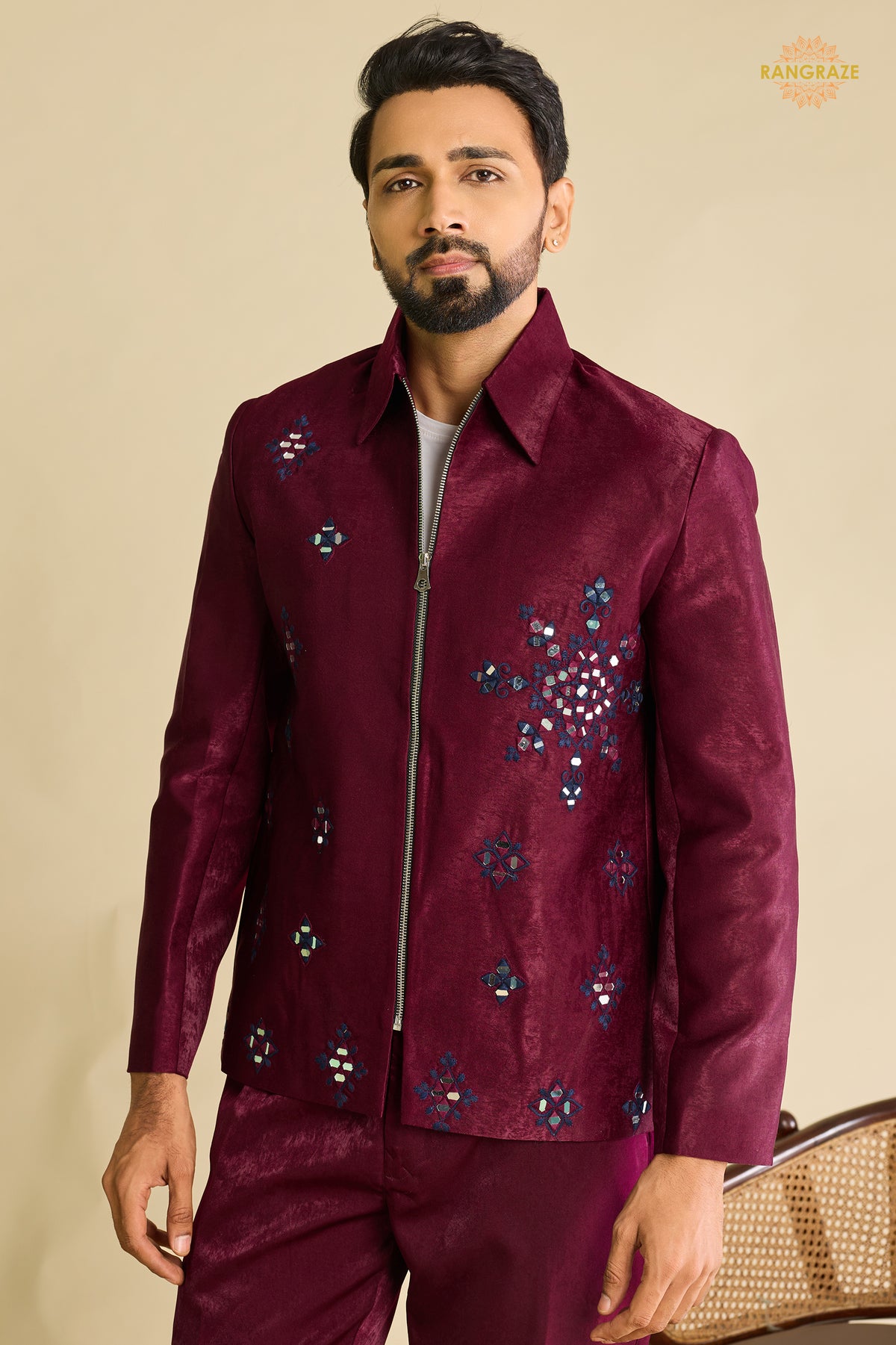 Maroon Embroidered Velvet Men Jacket and Pant Set with Mirror Work
