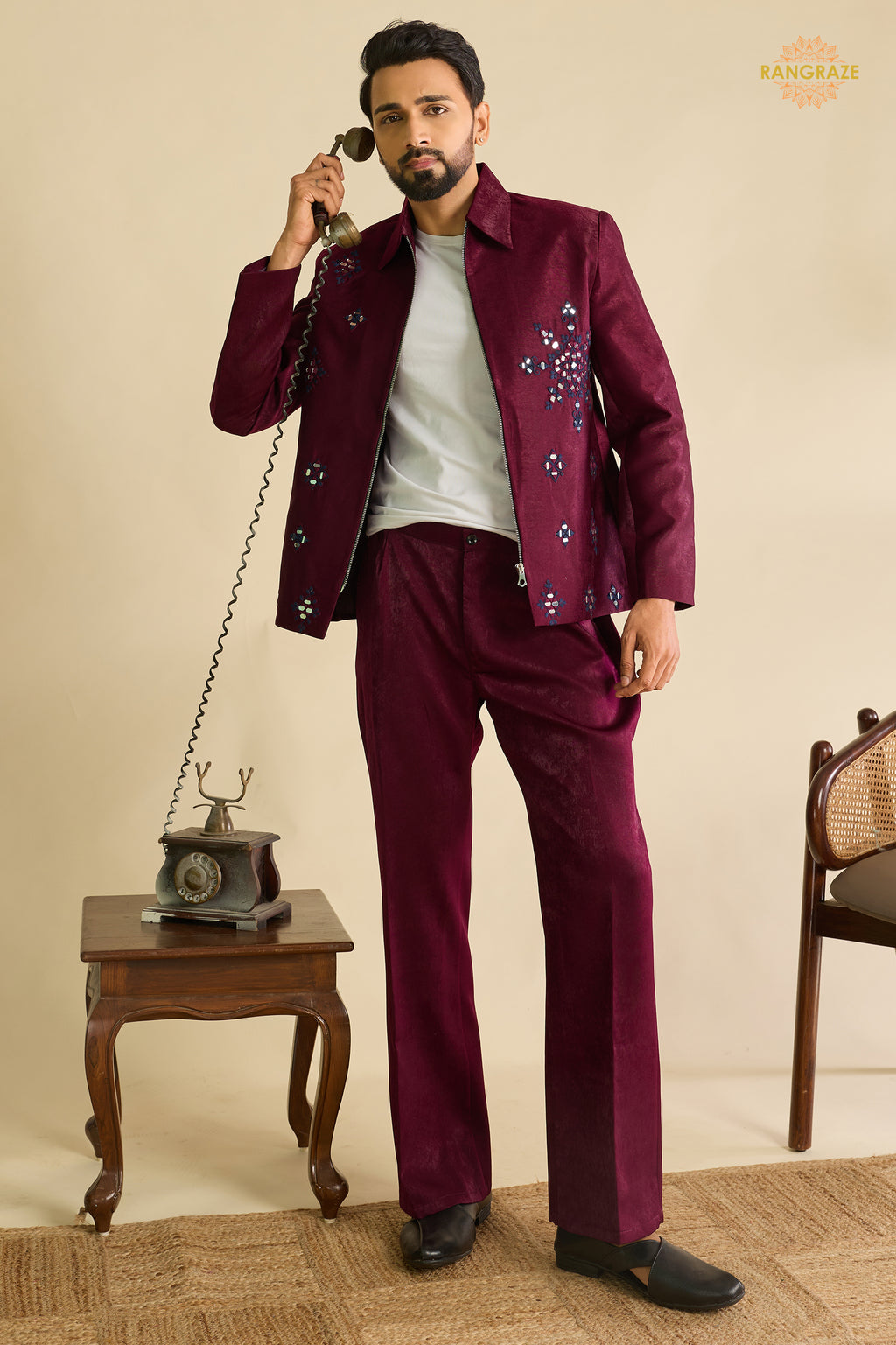 Maroon Embroidered Velvet Men Jacket and Pant Set with Mirror Work