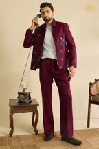 Maroon Embroidered Velvet Men Jacket and Pant Set with Mirror Work