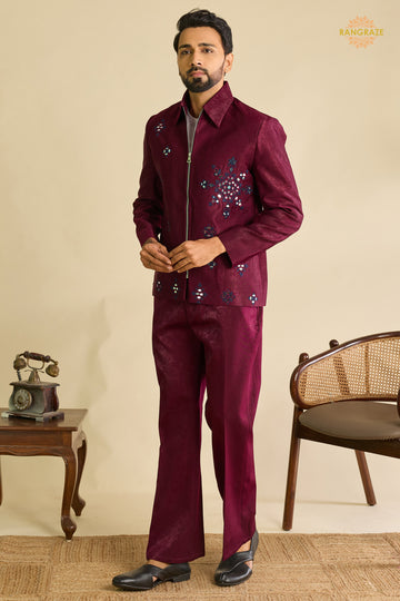 Maroon Embroidered Velvet Men Jacket and Pant Set with Mirror Work