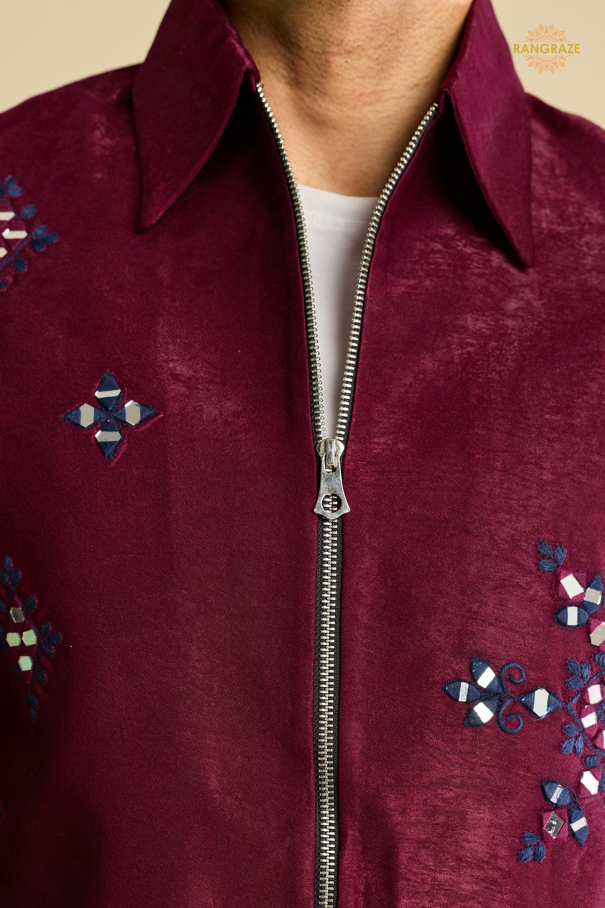 Maroon Embroidered Velvet Men Jacket and Pant Set with Mirror Work