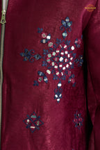 Maroon Embroidered Velvet Men Jacket and Pant Set with Mirror Work