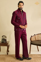 Maroon Embroidered Velvet Men Jacket and Pant Set with Mirror Work