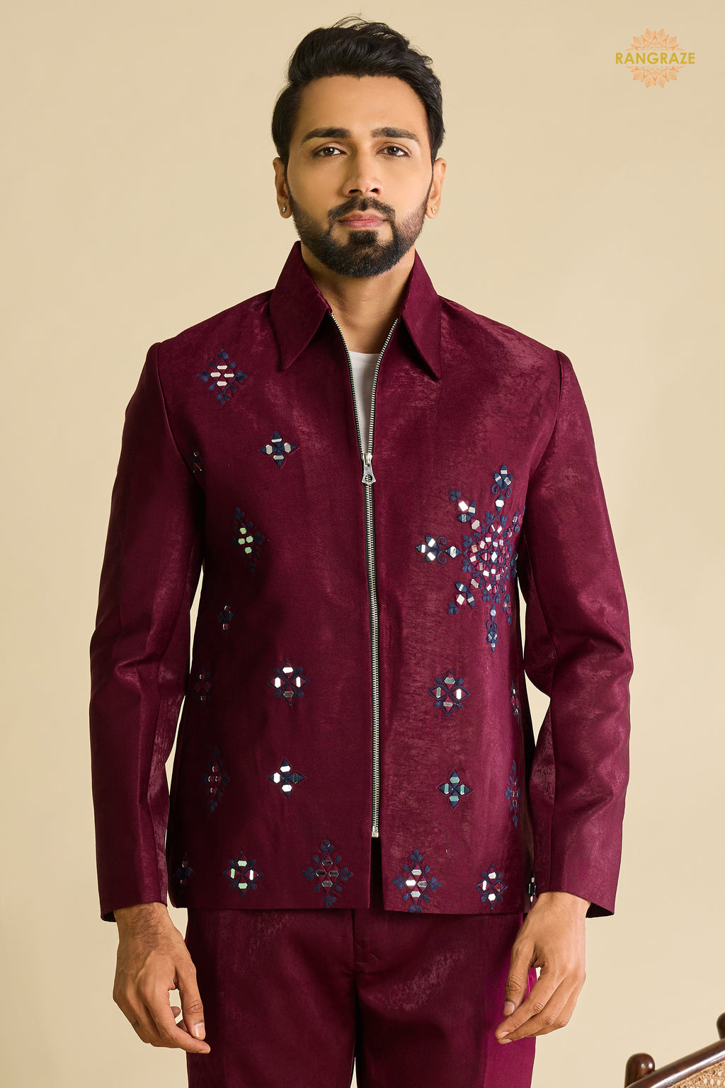 Maroon Embroidered Velvet Men Jacket and Pant Set with Mirror Work