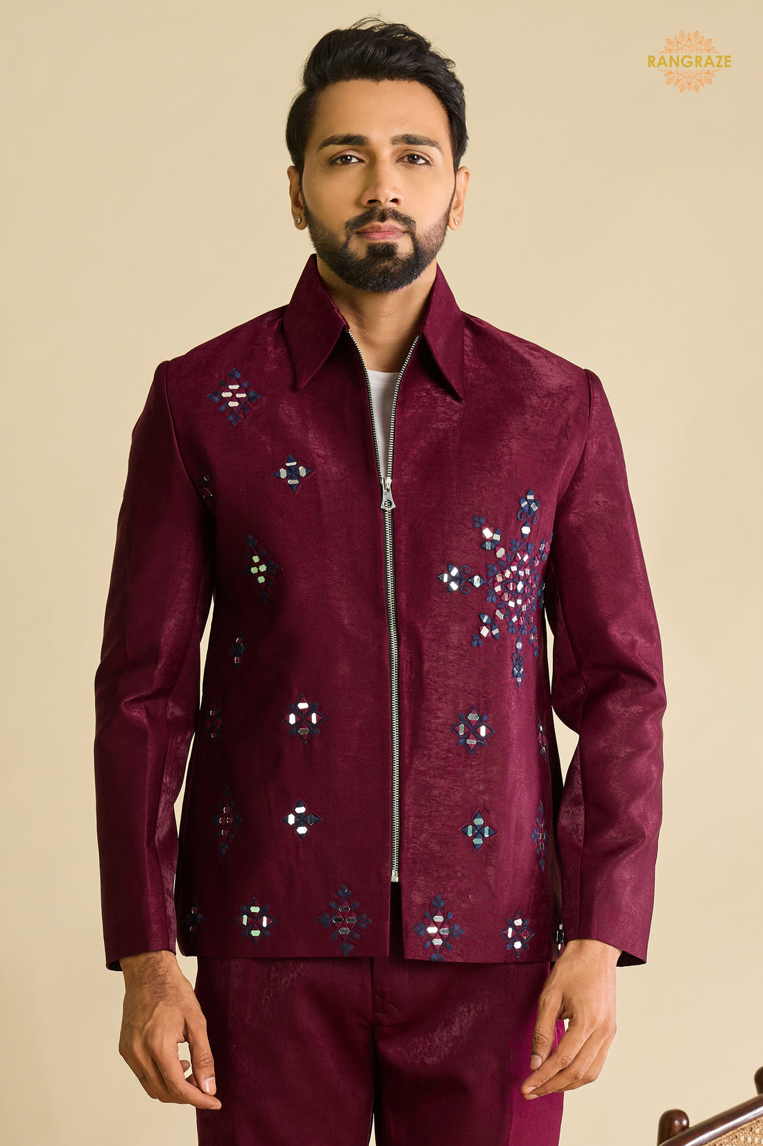 Maroon Embroidered Velvet Men Jacket and Pant Set with Mirror Work