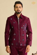 Maroon Embroidered Velvet Men Jacket and Pant Set with Mirror Work