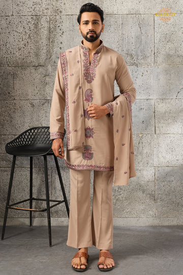 Beige Embroidered Japanese Men Kurta Pajama With Dupatta