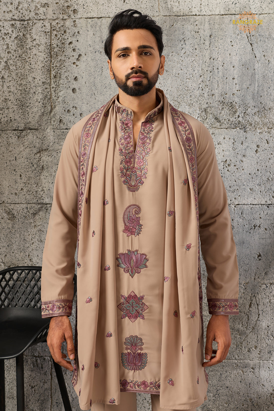 Beige Embroidered Japanese Men Kurta Pajama With Dupatta