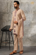 Beige Embroidered Japanese Men Kurta Pajama With Dupatta
