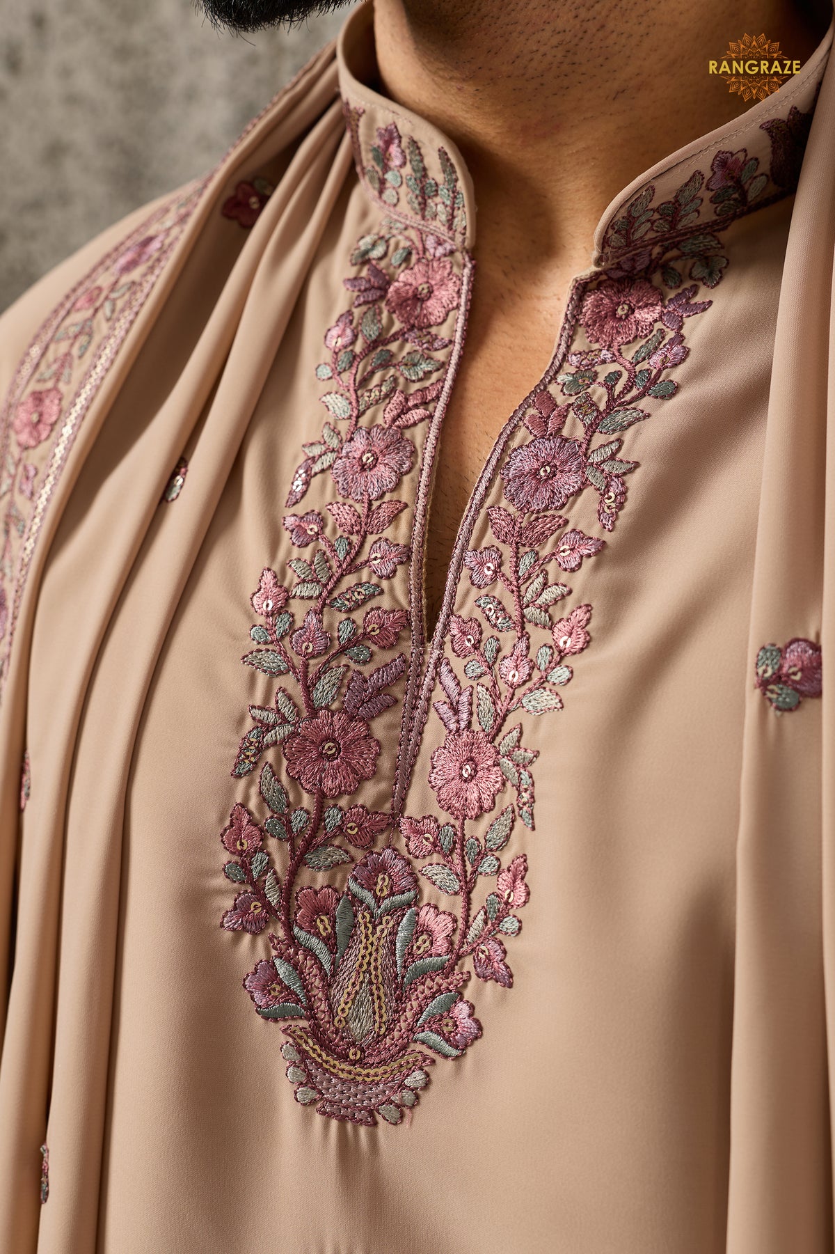Beige Embroidered Japanese Men Kurta Pajama With Dupatta