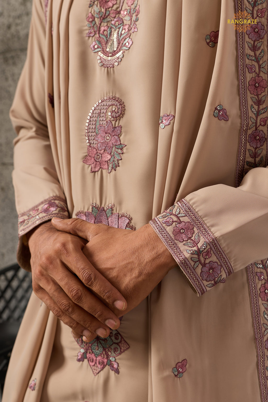 Beige Embroidered Japanese Men Kurta Pajama With Dupatta