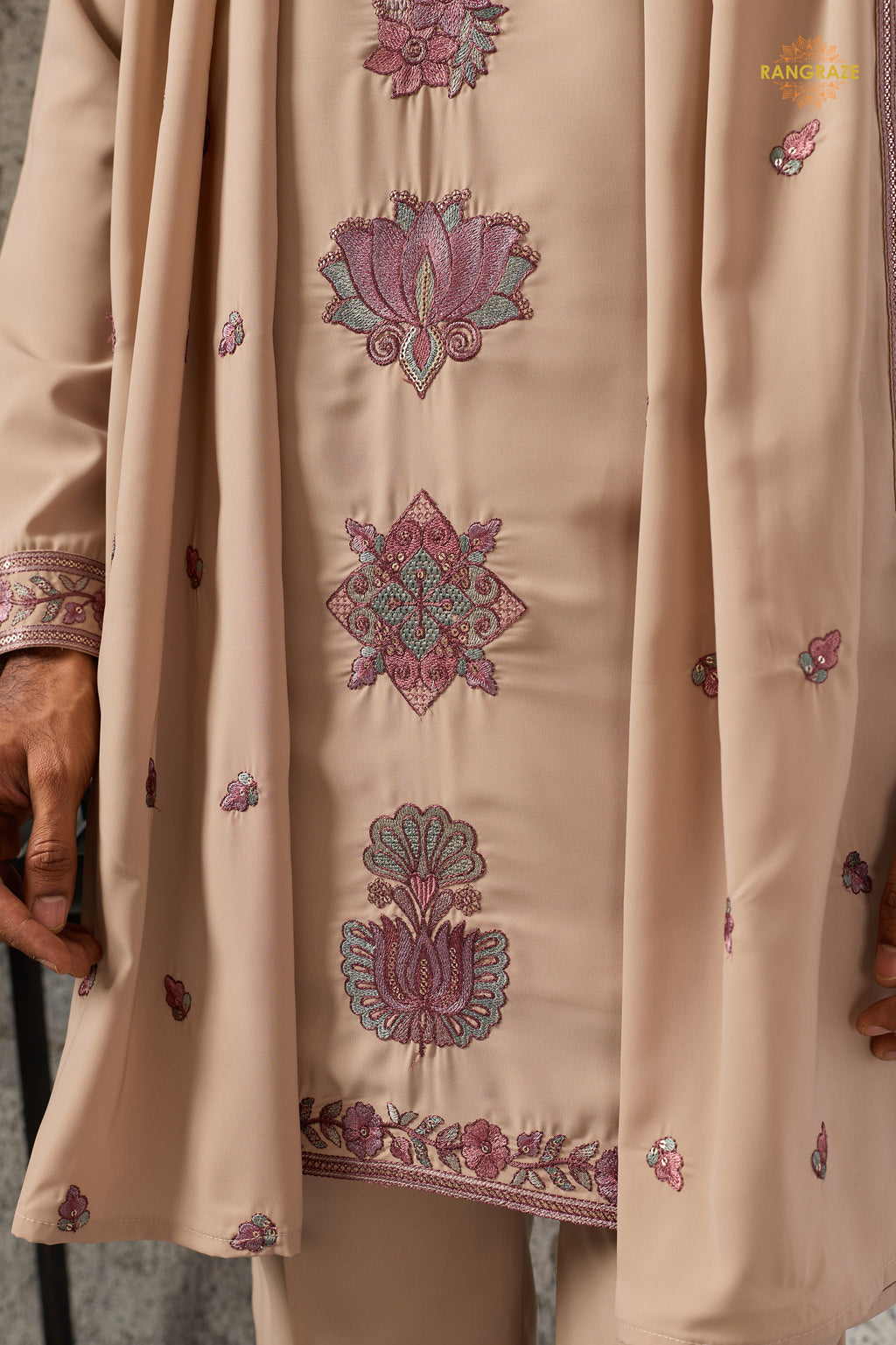 Beige Embroidered Japanese Men Kurta Pajama With Dupatta