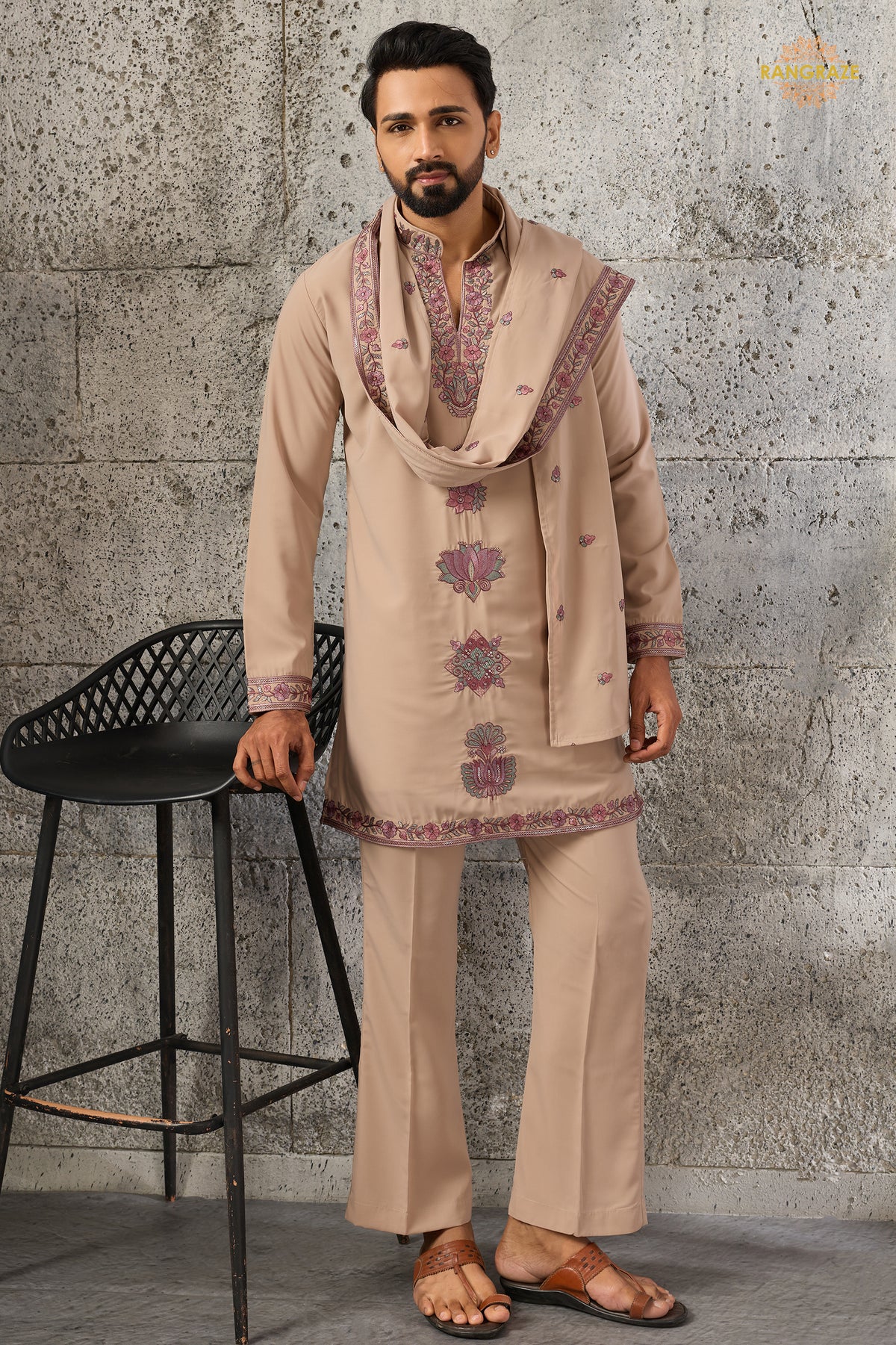 Beige Embroidered Japanese Men Kurta Pajama With Dupatta