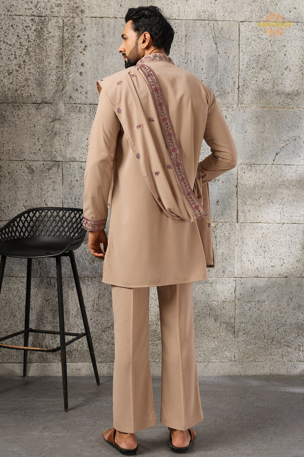 Beige Embroidered Japanese Men Kurta Pajama With Dupatta