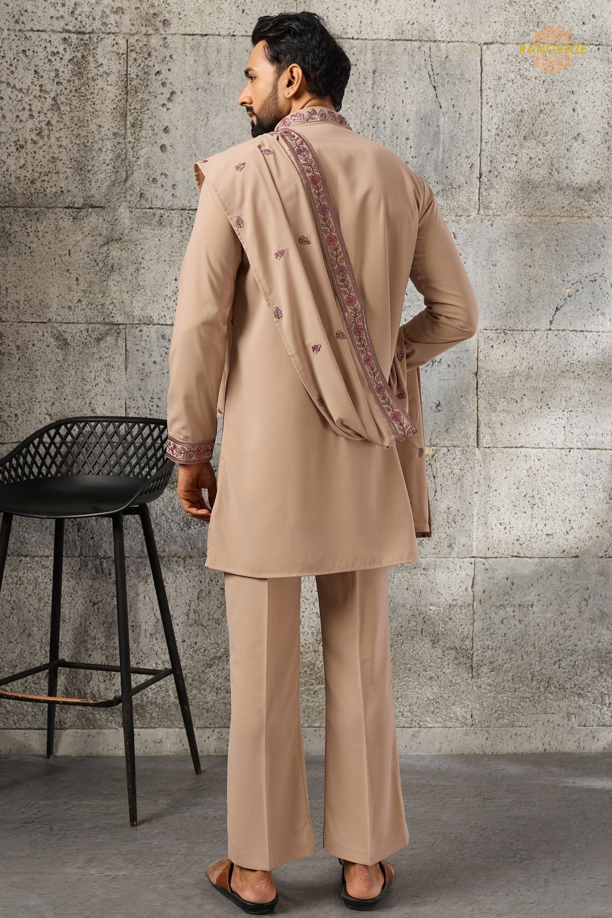 Beige Embroidered Japanese Men Kurta Pajama With Dupatta