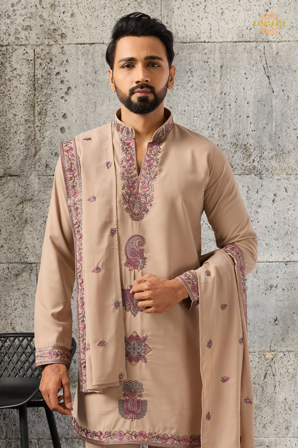 Beige Embroidered Japanese Men Kurta Pajama With Dupatta