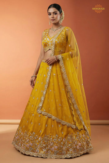 Mustard Yellow Embroidered Semi-Stitched Chinnon Lehenga Set