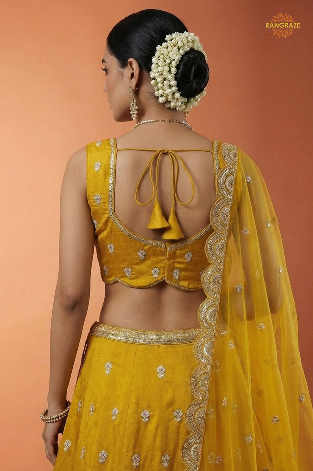 Mustard Yellow Embroidered Semi-Stitched Chinnon Lehenga Set