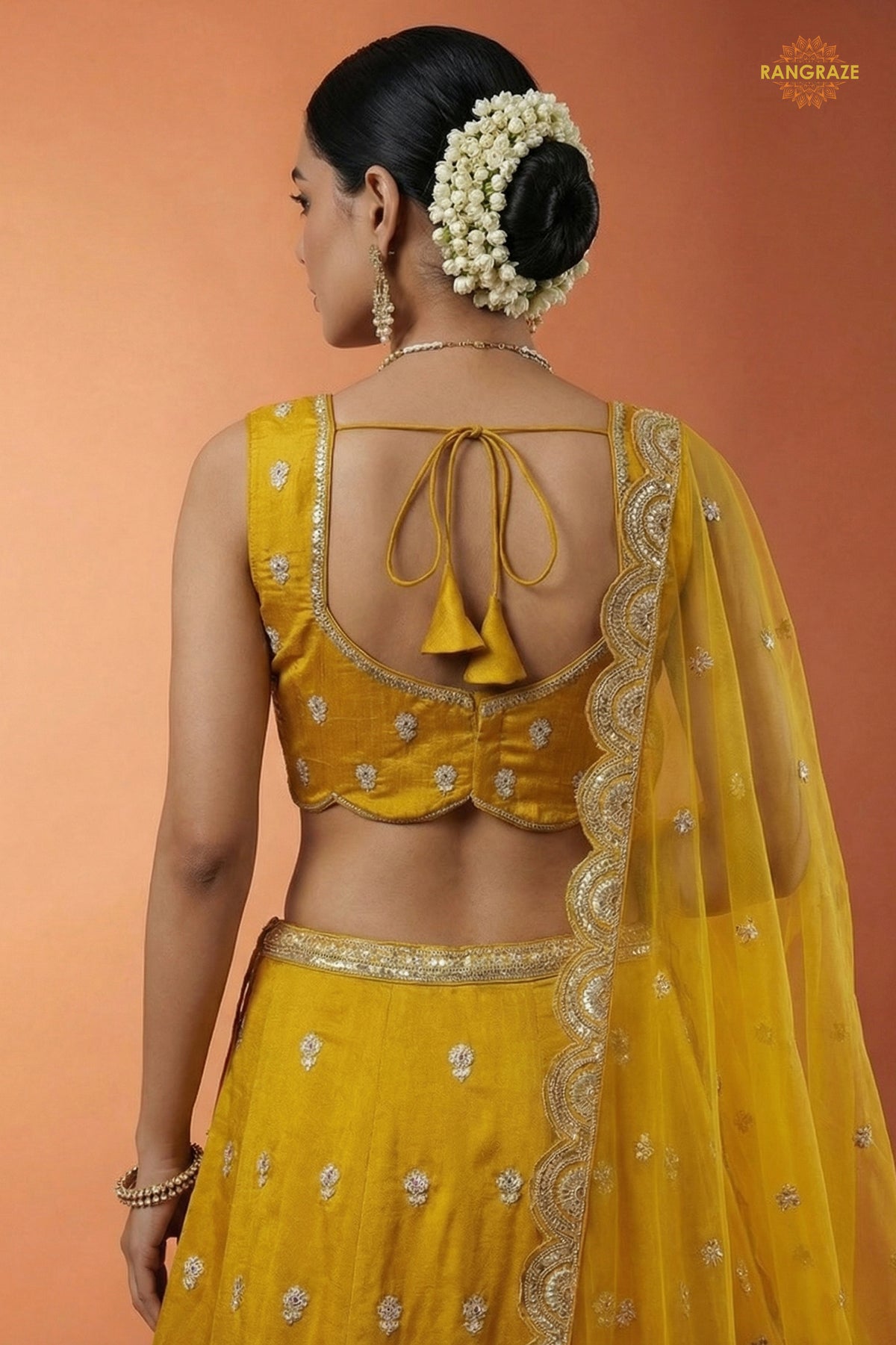 Mustard Yellow Embroidered Semi-Stitched Chinnon Lehenga Set
