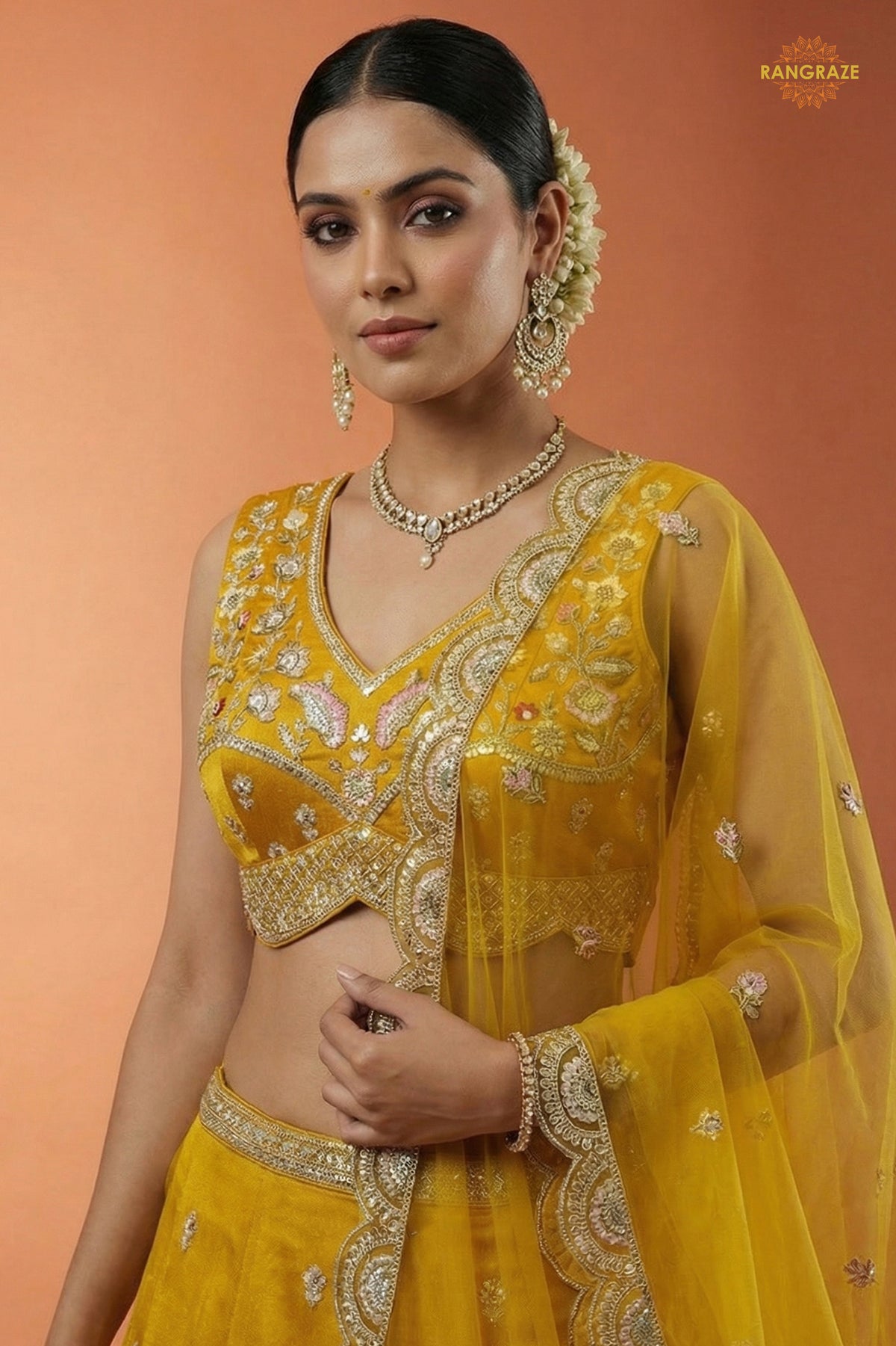 Mustard Yellow Embroidered Semi-Stitched Chinnon Lehenga Set