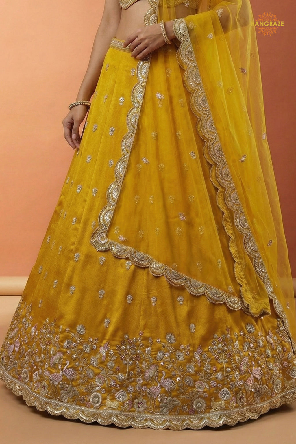 Mustard Yellow Embroidered Semi-Stitched Chinnon Lehenga Set
