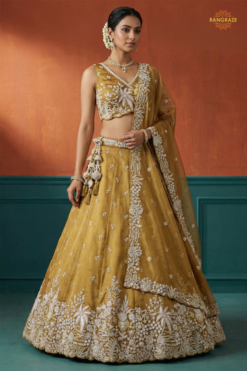 Mustard Yellow Embroidered Semi-Stitched Tissue Lehenga Set
