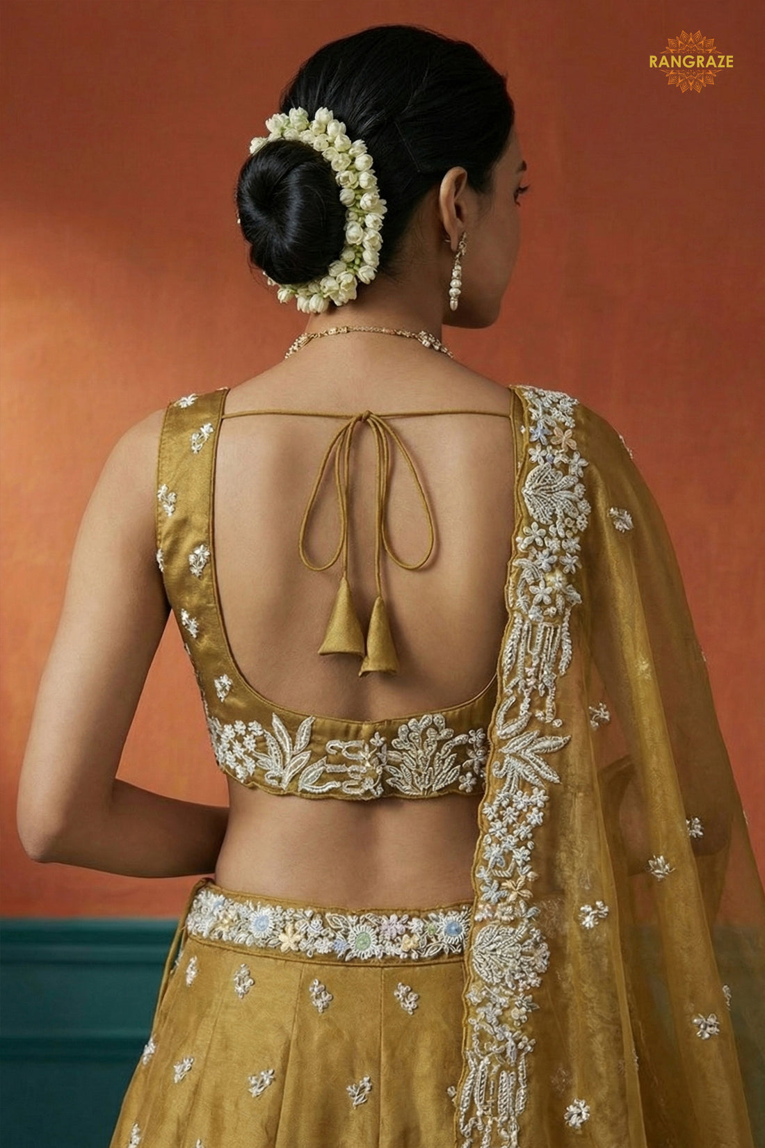Mustard Yellow Embroidered Semi-Stitched Tissue Lehenga Set