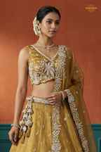Mustard Yellow Embroidered Semi-Stitched Tissue Lehenga Set